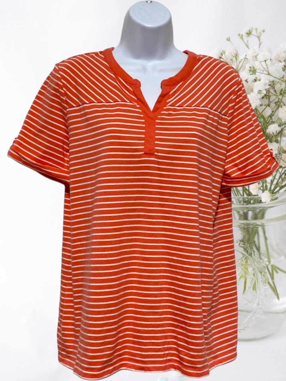 Coral Bay-Women's Large Pullover Top Short Sleeve V-Neckline-Striped